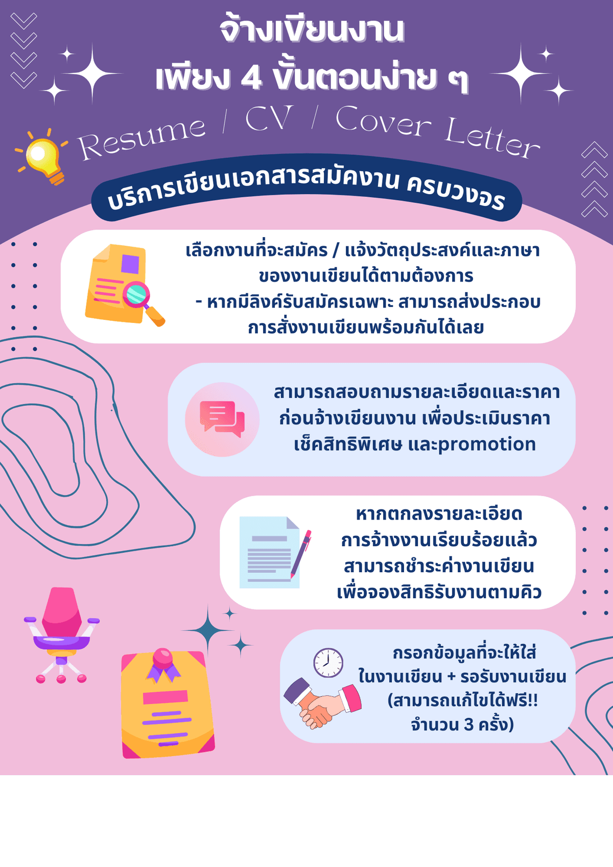 รับเขียน • เรซูเม่ (Resume) • จดหมายสมัครงาน (Cover Letter) • CV (Curriculum Vitae) • อีเมลสมัครงาน (Job Application Email)